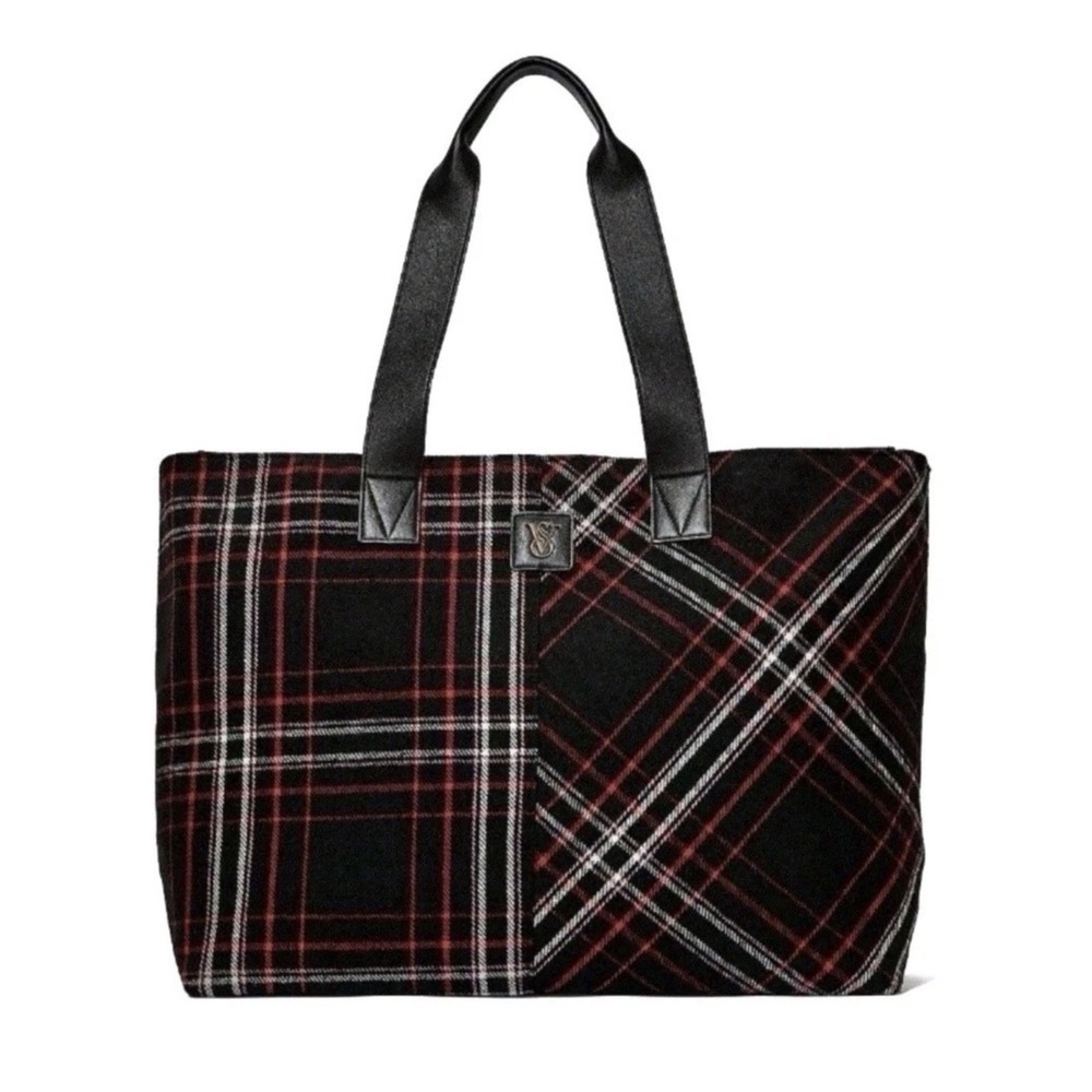 Victoria's Secret Red Black Plaid Tote Bag NWT Holiday Tartan Logo Carryall